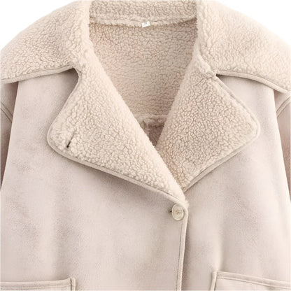 Women Loose Double Sided Collar Long Sleeve Warm Fur Jacket | Shearling Jacket