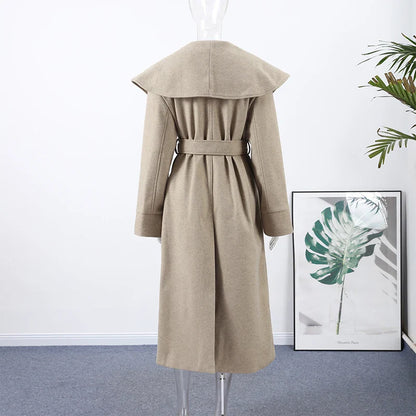 Women Shawl Collar Woolen Coat With Belt | Loose Long Sleeve | Overcoat | Winter Coat