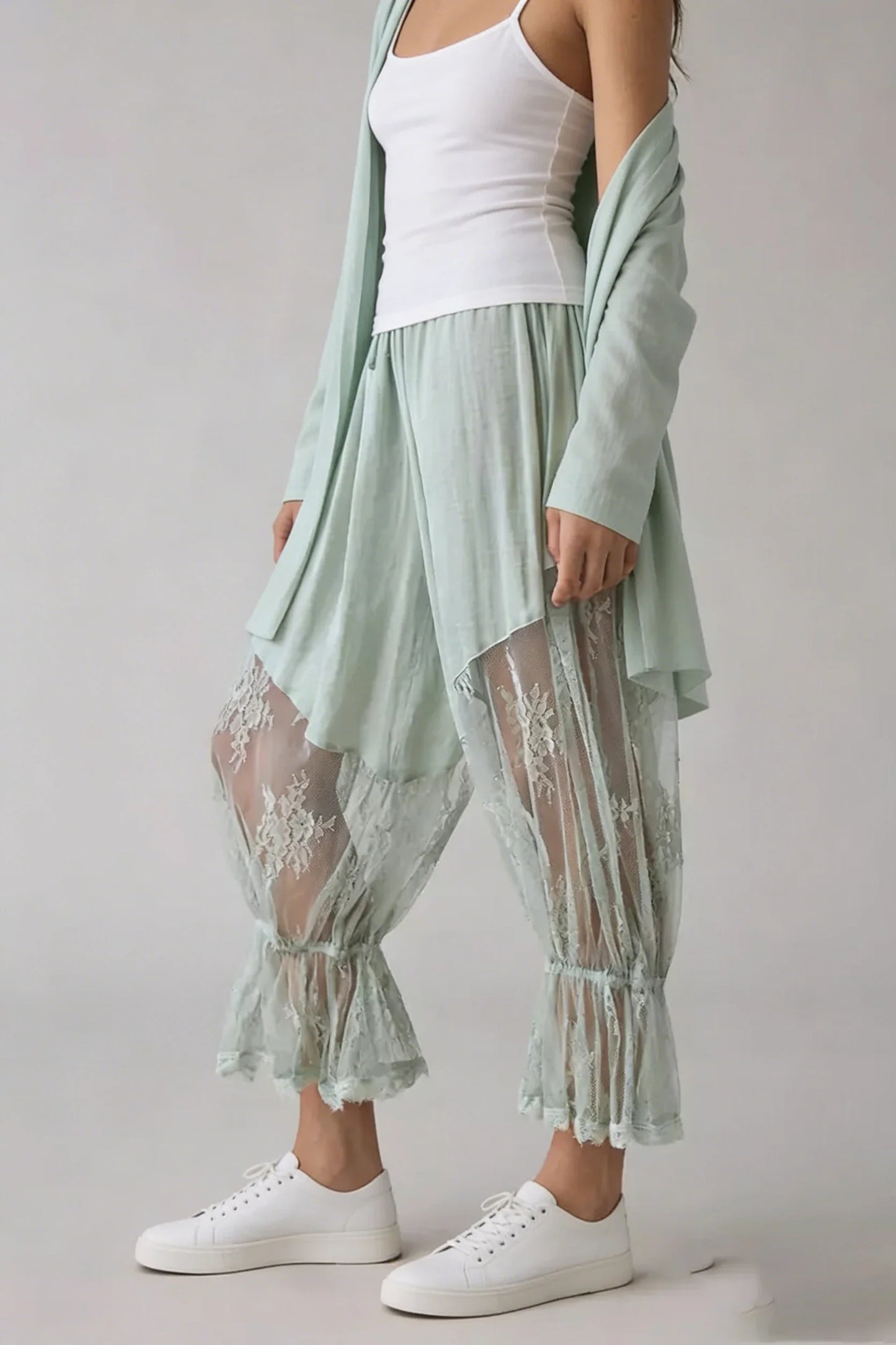 Women Loose Fit Bloomers Cropped Pants | High Waist | Floral Lace | Lantern Trousers