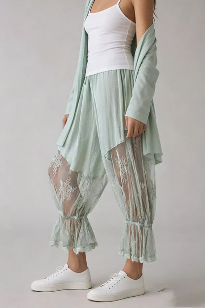 Women Loose Fit Bloomers Cropped Pants | High Waist | Floral Lace | Lantern Trousers