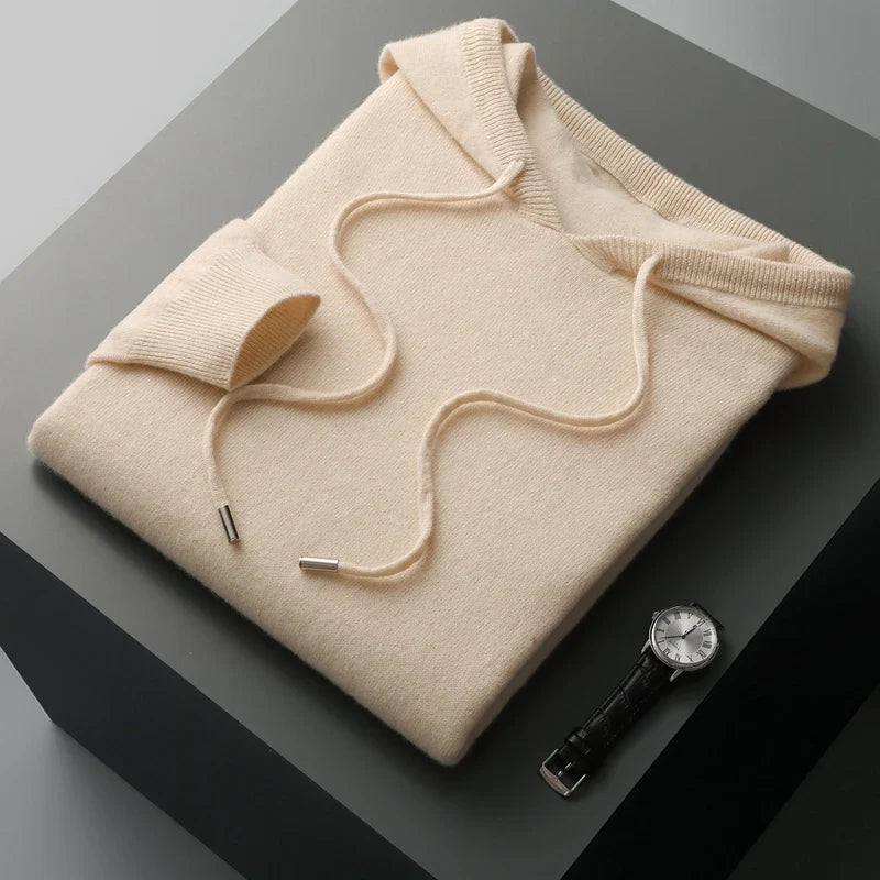 Men Merino Wool Hoodie | Casual Knitted Pullover Sweater | Hooded Collar Beige