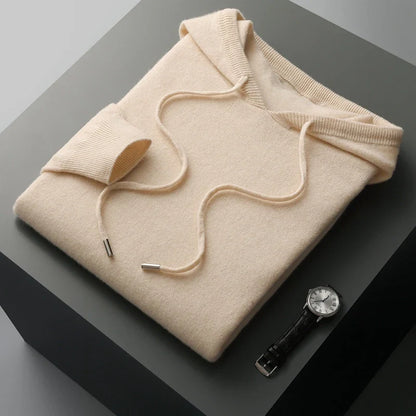 Men Merino Wool Hoodie | Casual Knitted Pullover Sweater | Hooded Collar Beige