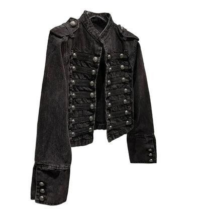 Women Metal Rib Button Denim Jacket | Cropped Jacket | Washed Effect | Napoleon Jacket | Slim