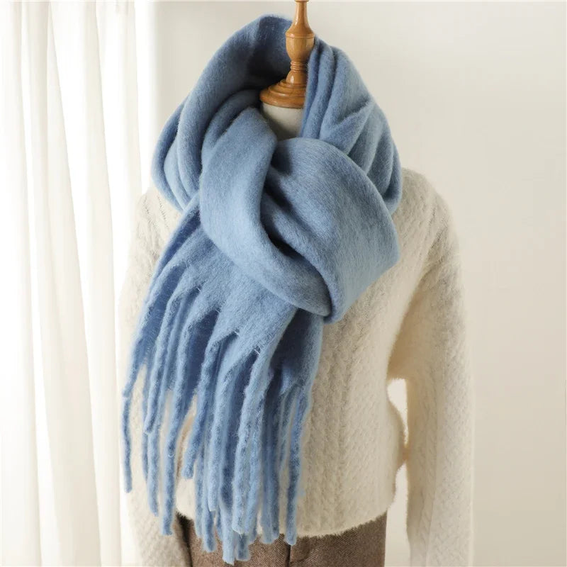 Women Warm Winter Cashmere Scarf | Thick Soft Tassel Shawl | Long Poncho | Echarpe | Pashmina Blue 1