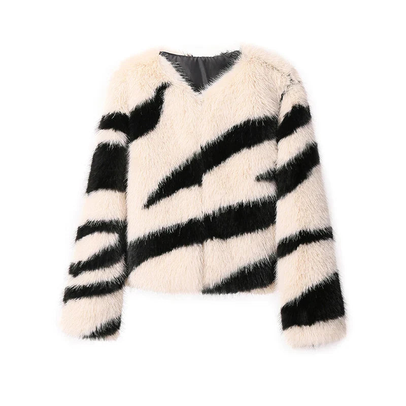 Women Fluffy Zebra Fur Coat | Animal Print Overcoat beige