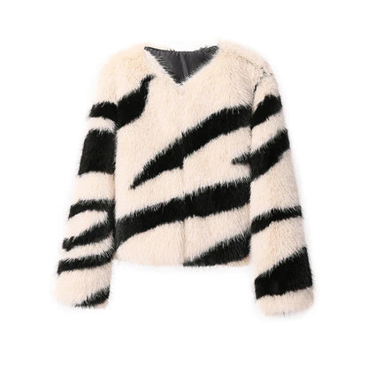 Women Fluffy Zebra Fur Coat | Animal Print Overcoat beige