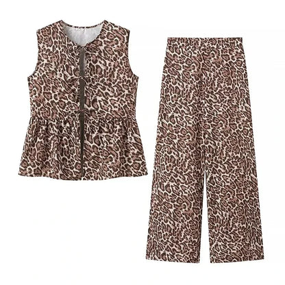 Women Leopard Print Vacation Two-Piece Set | High Waist Wide Leg Pants | Cut Out Bowknot Sleeveless Vest Top leopard set
