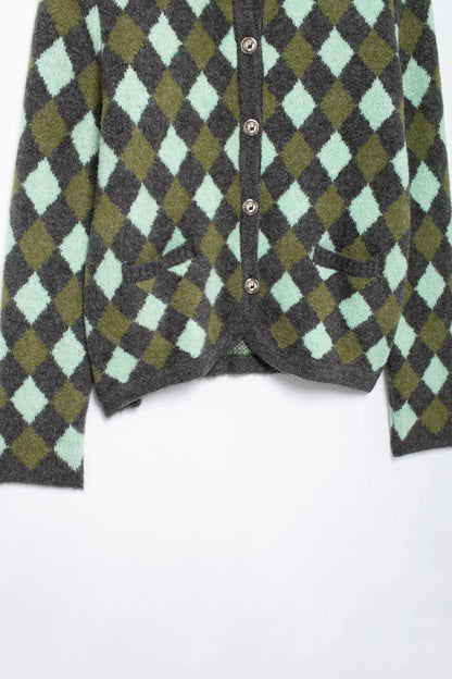 Women Vintage Argyle Sweater | Long Sleeve | Pockets | Knitted Cardigan
