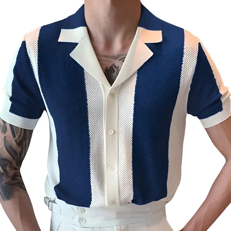 Men Knit Striped Contrast Shirt | Summer Short Sleeve | Buttoned Knitted Cardigan Dark Blue