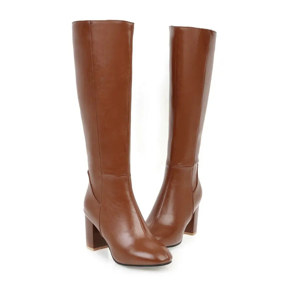 Women Long Boots | Leather Boots | Knee High | Block Heels Brown