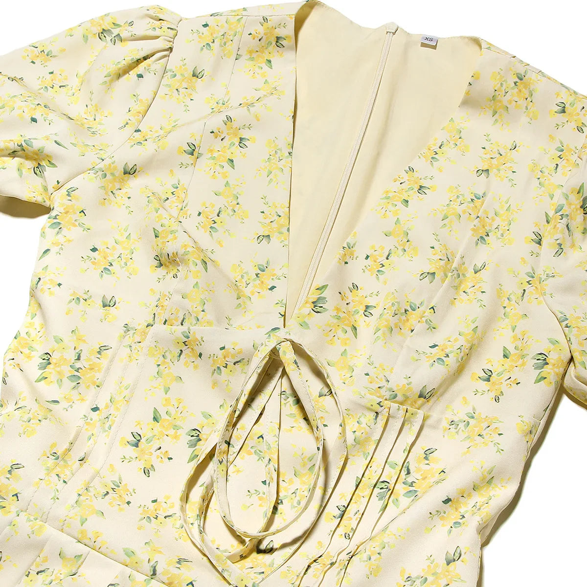 Women Yellow Floral A Line Printed Summer Dress | Casual V Neck Puff Sleeve Tulle Dress