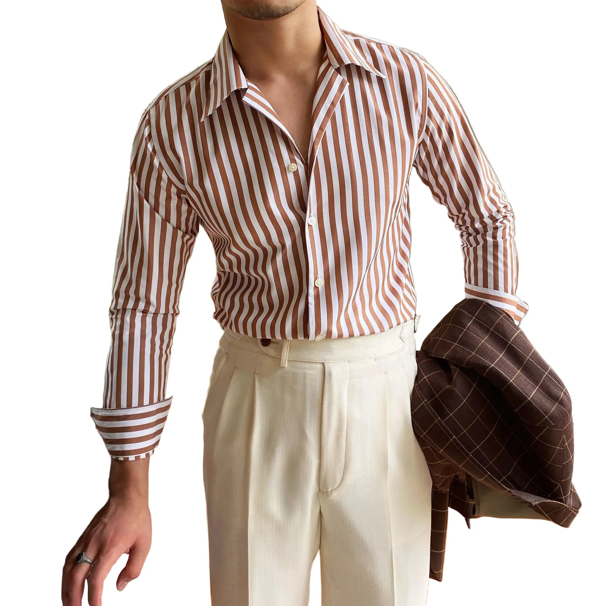 Men Business Striped Shirt | Cuban Collar | Long Sleeve Shirt | Office Shirt | Tuxedo Shirt Brown