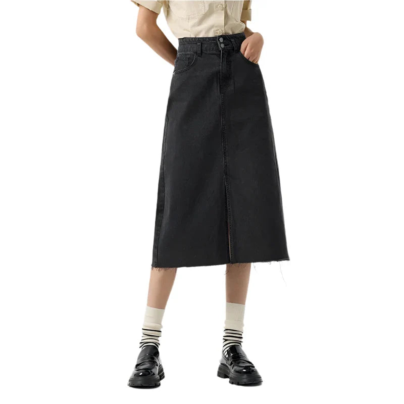 Women Long Denim Skirt | High Waist A-Line Denim Skirt with Slit black