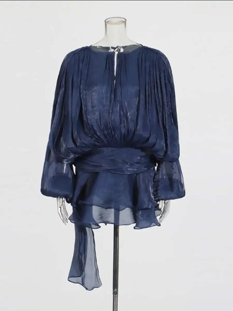 Women Flowy Mini Dress | V Neck | Long Sleeve | Spliced | Lace Up | Blouse Dress Navy