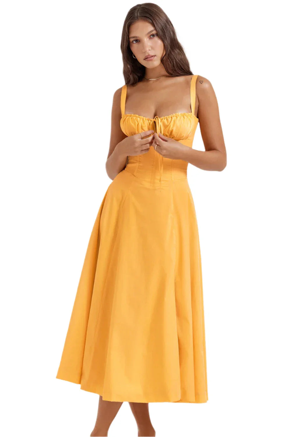 Women Plain Midi Summer Dress | Casual Slit Lace Up Dress | Sundress orange