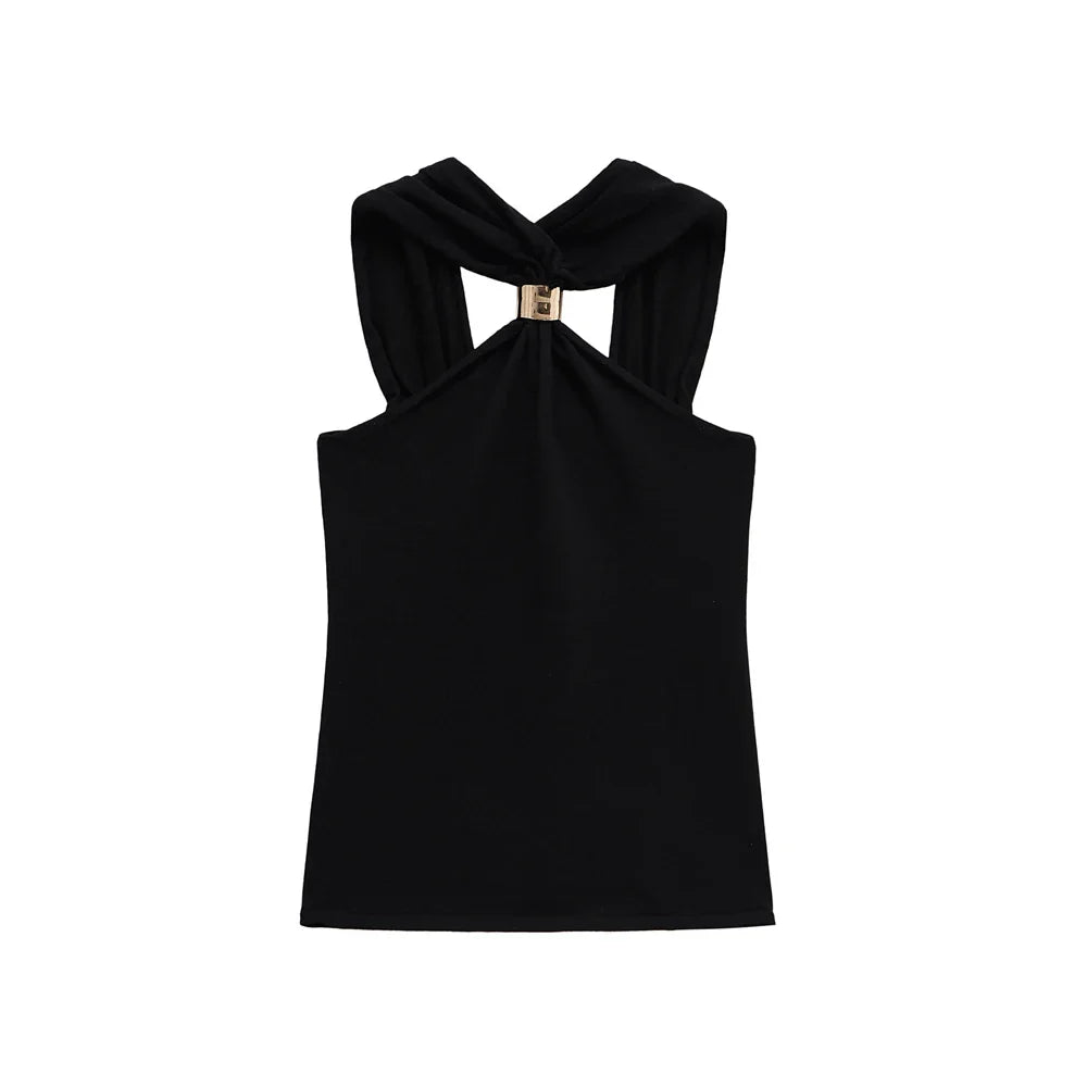 Women Knit Halter Neck Tank Top | Ring Top black