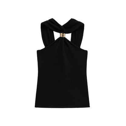 Women Knit Halter Neck Tank Top | Ring Top black