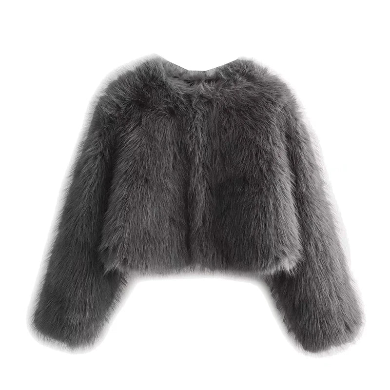 Women Gray Cropped Fur Jacket | Solid Loose Round Neck Fur Coat Gray