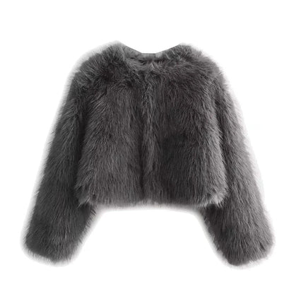 Women Gray Cropped Fur Jacket | Solid Loose Round Neck Fur Coat Gray