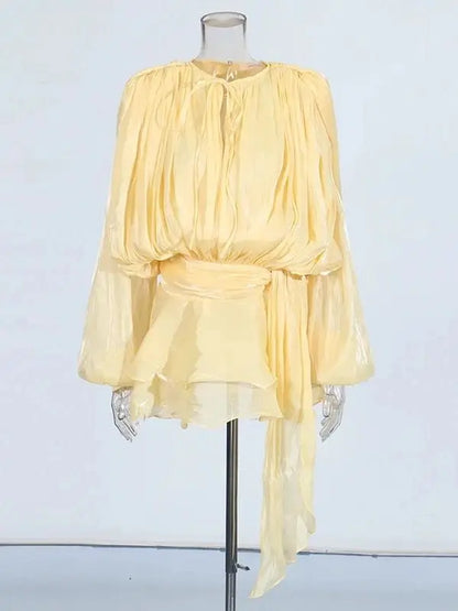 Women Flowy Mini Dress | V Neck | Long Sleeve | Spliced | Lace Up | Blouse Dress Yellow