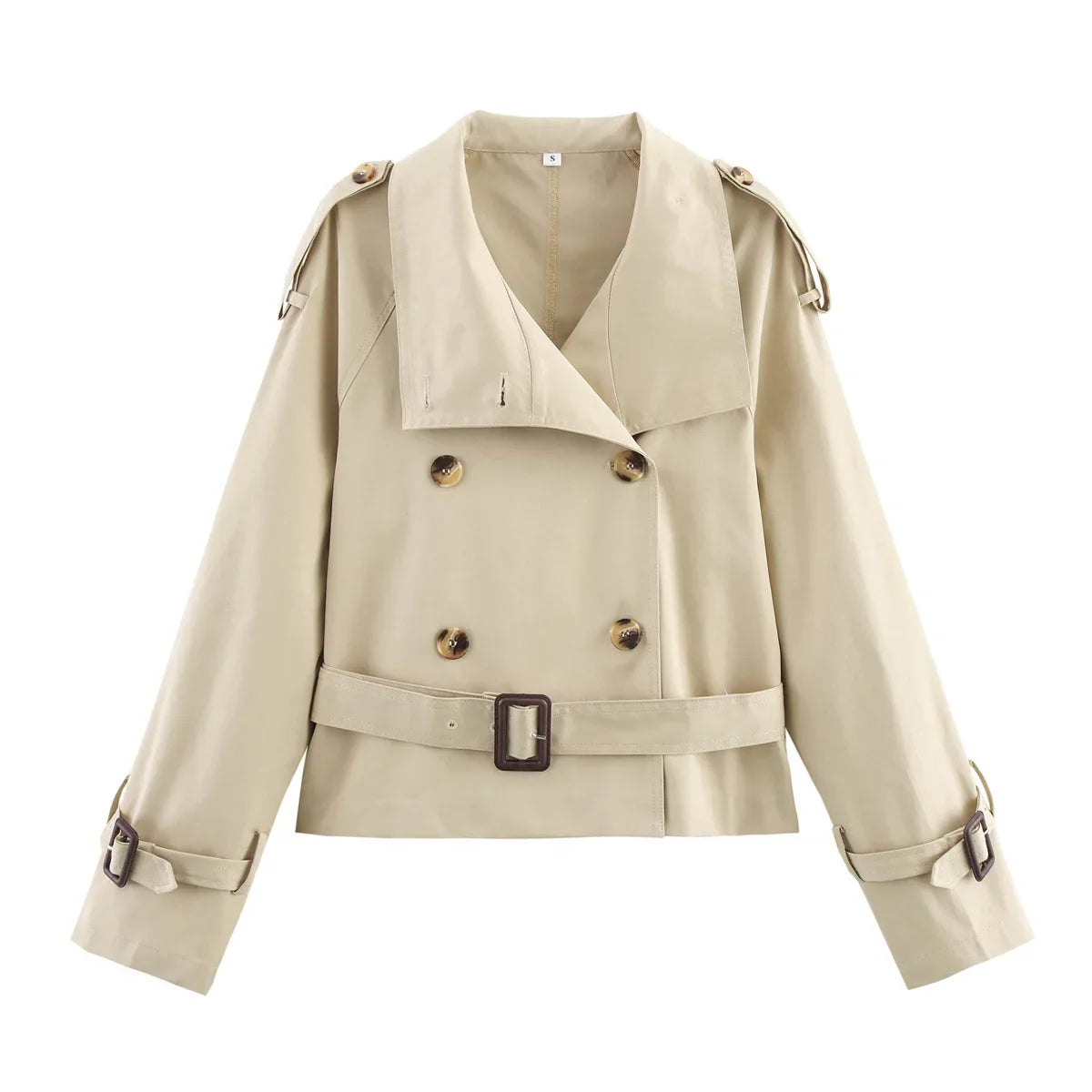 Women Short Trench Coat | Double Breasted With Belt | Windbreaker Khaki