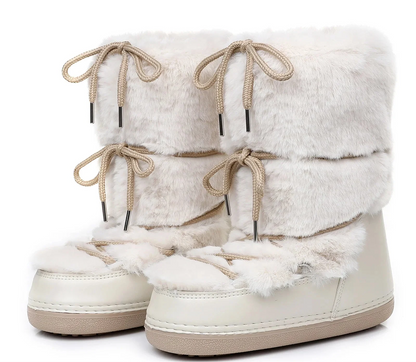Women Winter Snow Boots | Mid-Calf | Lace-Up | Fur Ski Boots | Platform | Waterproof beige