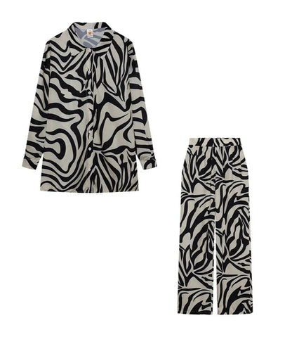 Women Zebra Print 2 Piece Set | Long Sleeve Drop Shoulder Shirt with Wide Leg Pants Cairo