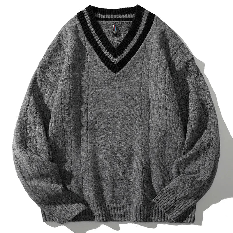 Men Knitted Ribbed Sweater | V-Neck Splicing Knit Pullover Gray