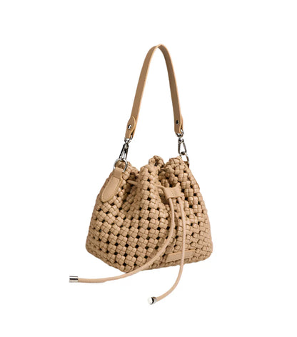 Women Leather Hollow Cut Woven Crossbody Bag Khaki