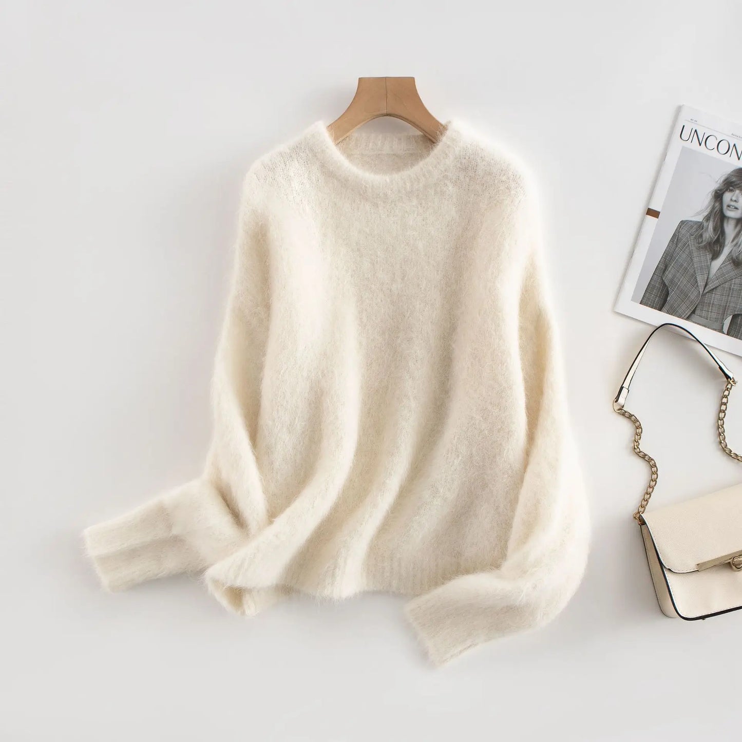 Women Alpaca Sweater | O-Neck | Loose | Knitted Pullover | Winter Sweater Beige One Size