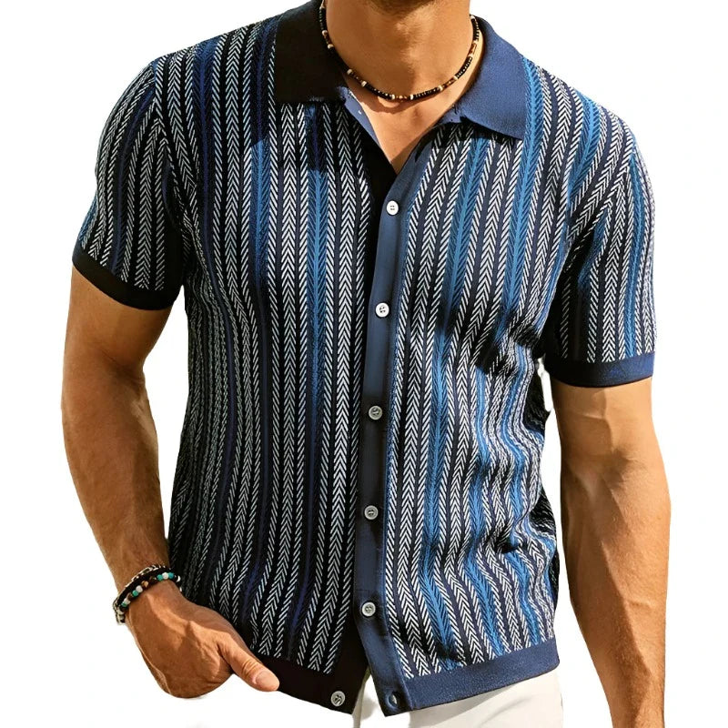 Men Knitted Printed Shirt | Short Sleeve Button Down