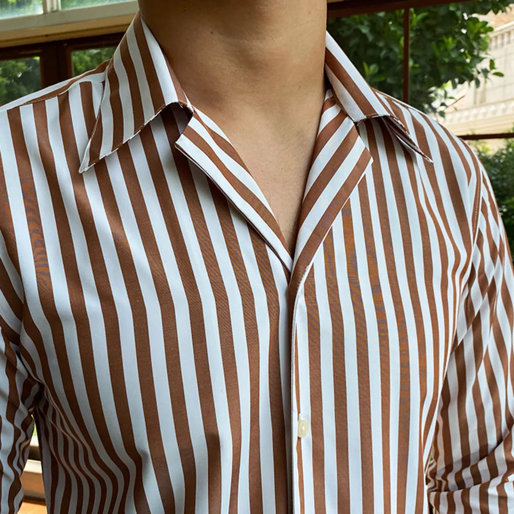 Men Business Striped Shirt | Cuban Collar | Long Sleeve Shirt | Office Shirt | Tuxedo Shirt