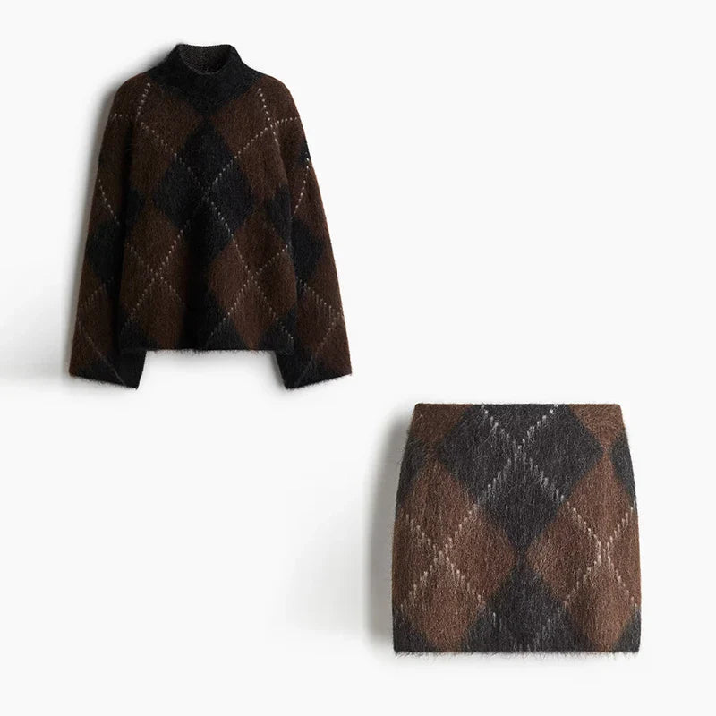 Women Printed Turtleneck Sweater | Set | Long Sleeve | Loose | Thick Knit Pullover | Mini Skirt | Fluffy Set