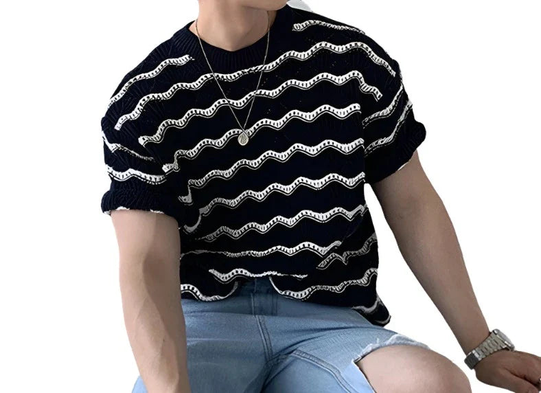 Men Knitted Shirt | Men Striped Summer Shirt | Short Sleeve | Hollow Out Knit