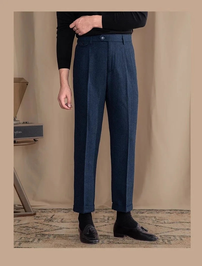 Men High-Waisted Woolen Pants | Herringbone | Italian Vintage Pants | Suit Pants | Warm | Straight Fit