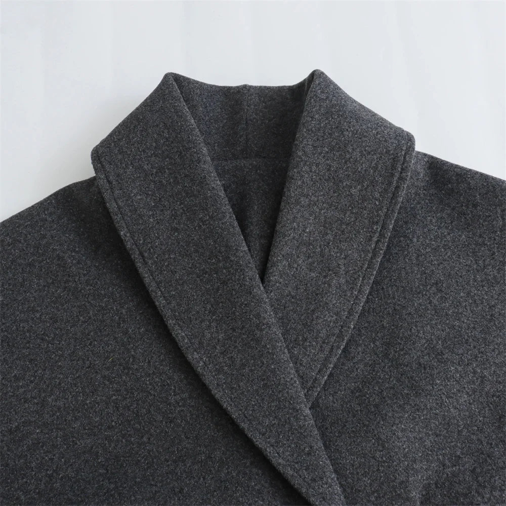 Women Dark Gray Blended Loose Short Coat