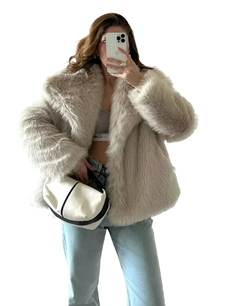 Women Short Woven Fur Coat | Loose Stand Collar Long Sleeve Coat