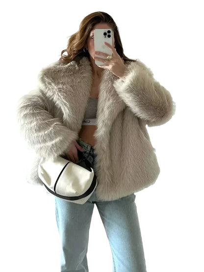 Women Short Woven Fur Coat | Loose Stand Collar Long Sleeve Coat