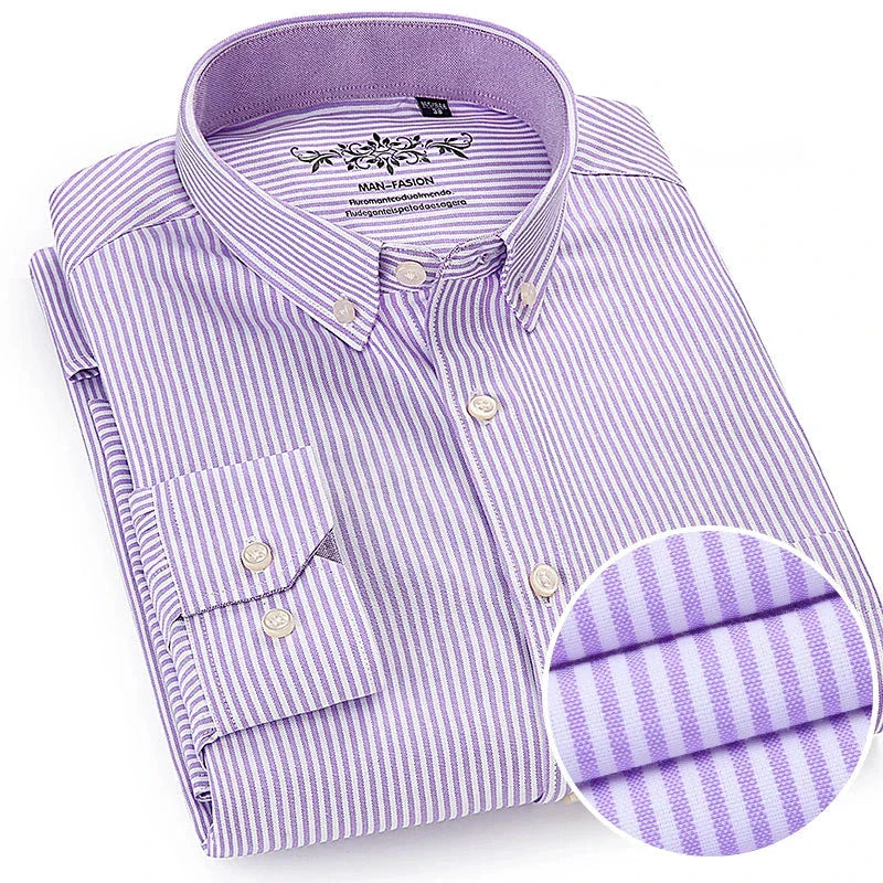 Striped Oxford Long-Sleeve Shirt Men | Soft Plaid Cotton | Slim Fit Formal | Office Wear Purple