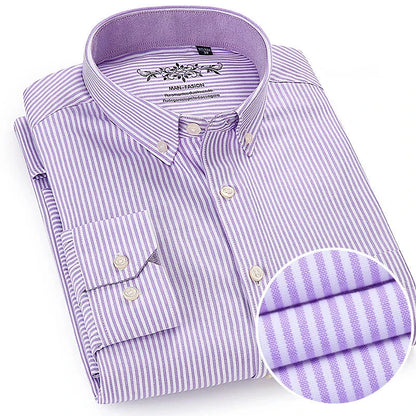 Striped Oxford Long-Sleeve Shirt Men | Soft Plaid Cotton | Slim Fit Formal | Office Wear Purple