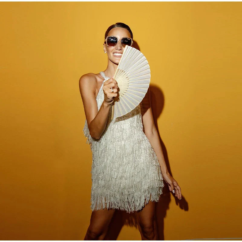 Women Sequin Halter Dress | Tassel | Sleeveless | Backless | Mini Fringed Dress
