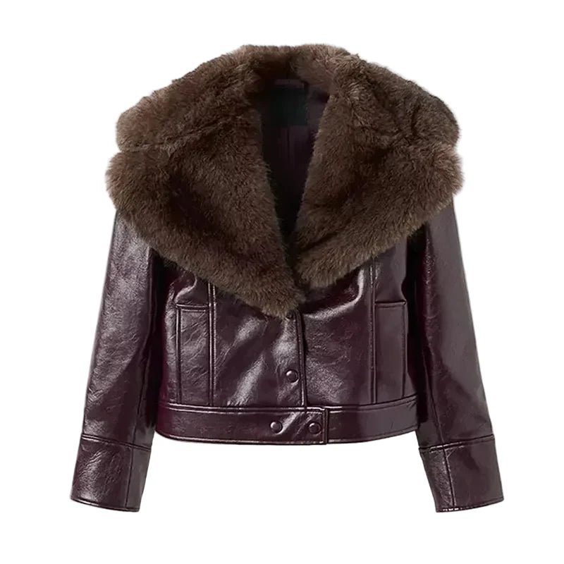 Women Patchwork Leather Jacket | Detachable Collar | Double Breasted | Winter Burgundy