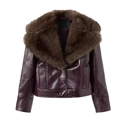 Women Patchwork Leather Jacket | Detachable Collar | Double Breasted | Winter Burgundy