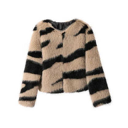 Women Fluffy Zebra Fur Coat | Animal Print Overcoat khaki