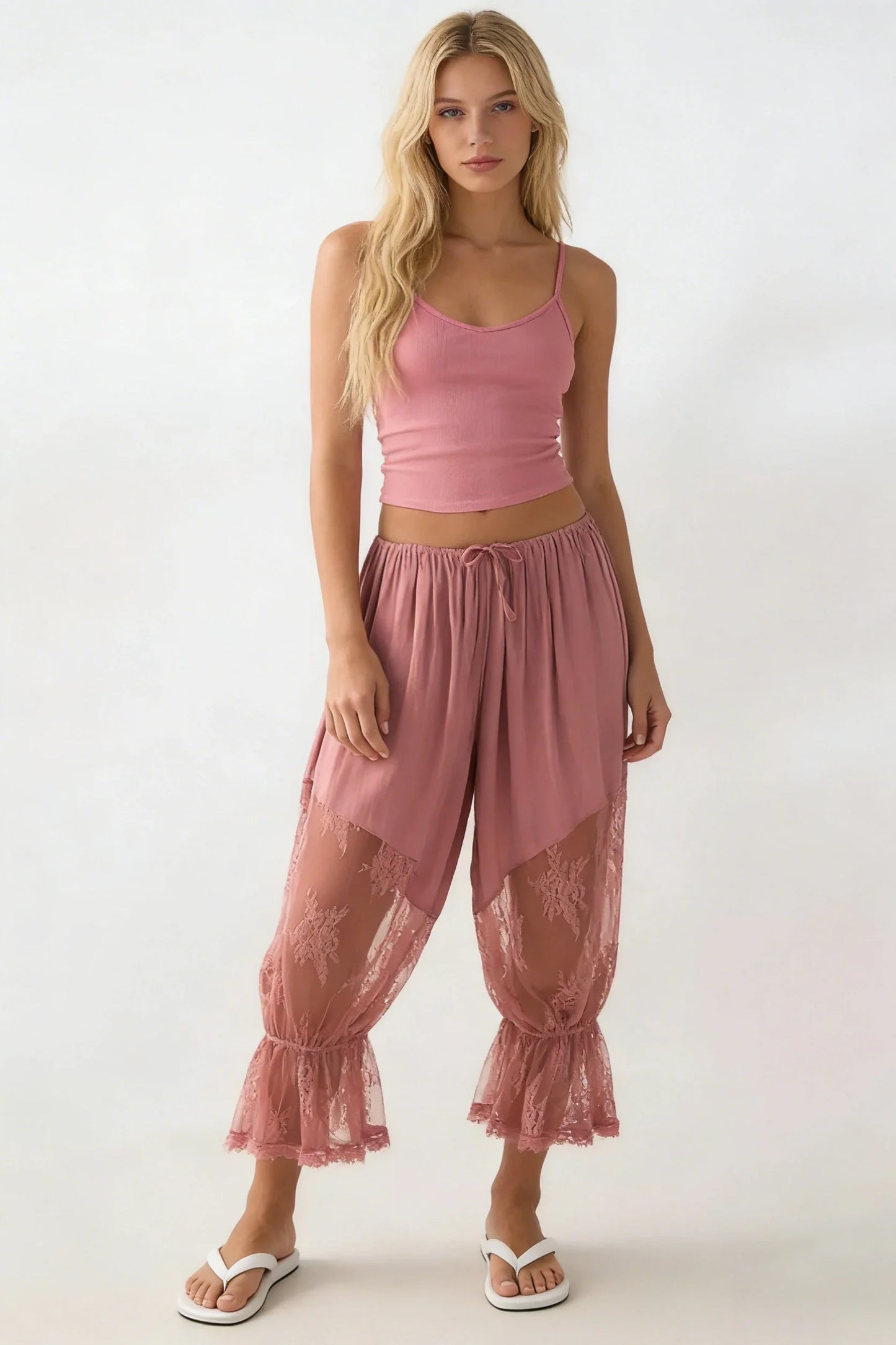 Women Loose Fit Bloomers Cropped Pants | High Waist | Floral Lace | Lantern Trousers
