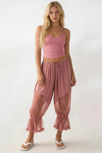 Women Loose Fit Bloomers Cropped Pants | High Waist | Floral Lace | Lantern Trousers