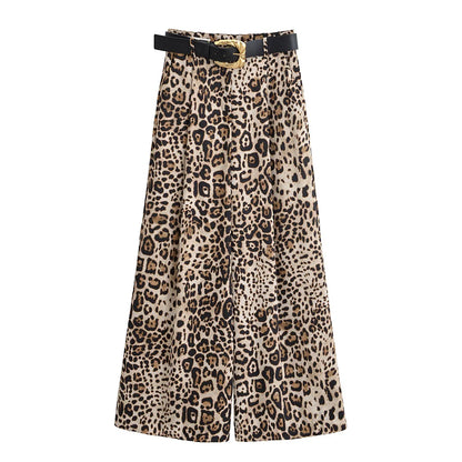 Women Satin with Belt High Waisted Trousers | Wide Leg Pants | Casual Pants Leopard