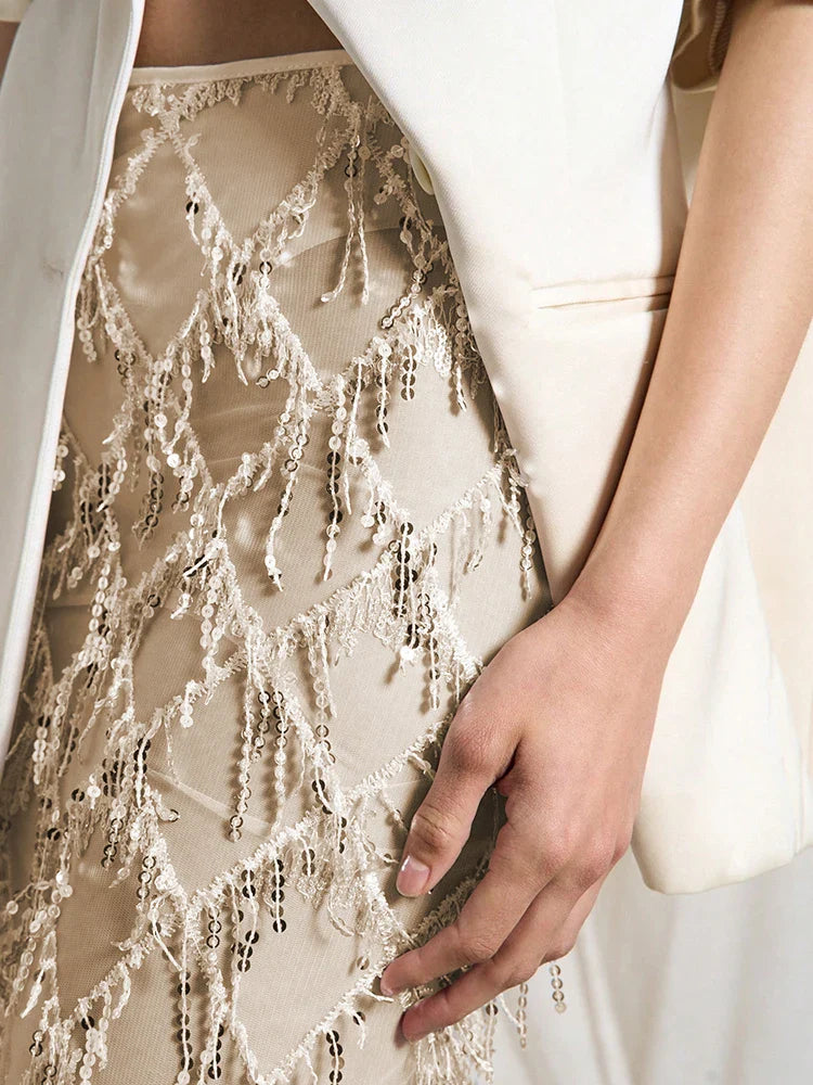 Women Sequin Fringe Maxi Skirt | Midi Mesh Pencil Skirt