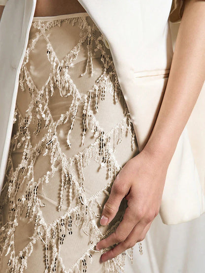 Women Sequin Fringe Maxi Skirt | Midi Mesh Pencil Skirt