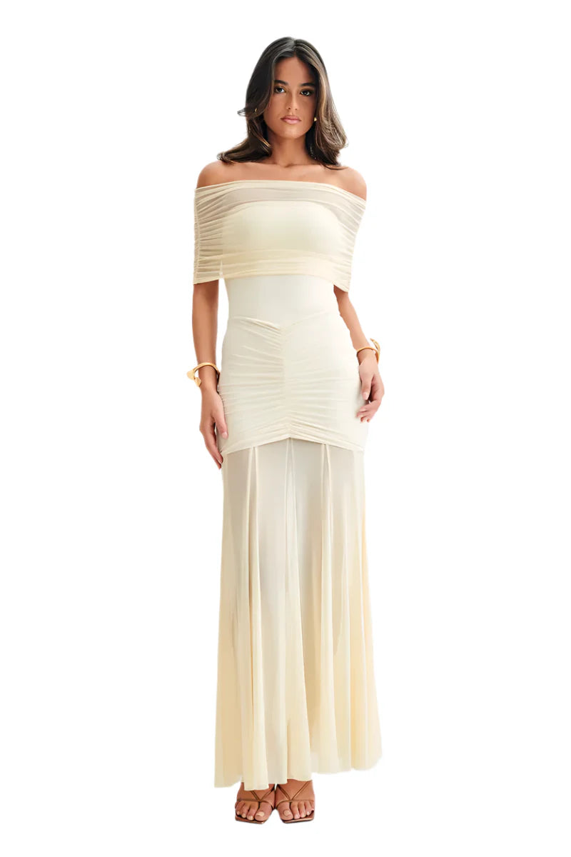 Women Ruffled Mesh Off-Shoulder Maxi Dress | Backless Long Party Dress Yellow
